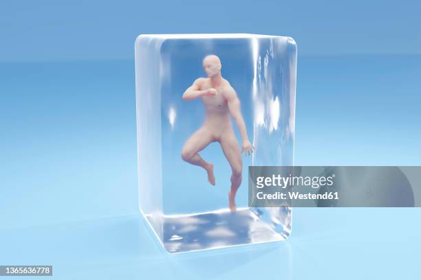 stockillustraties, clipart, cartoons en iconen met three dimensional render of male character frozen inside cryogenic cube - cryogenics