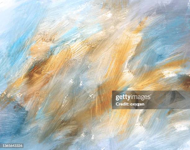 abstract texture oil background on canvas. painting smudged blue yellow textured brush strokes background - oil paint stock pictures, royalty-free photos & images