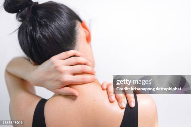 neck pain woman,shoulder pain woman - neck pain stock pictures, royalty-free photos & images