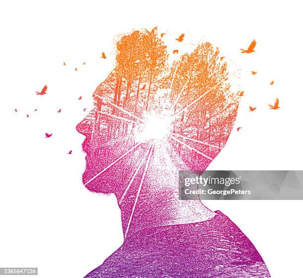 multiple exposure of young man and nature - multiple exposure man stock illustrations