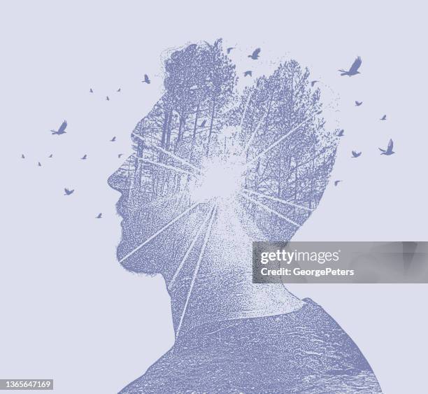 multiple exposure of young man and nature - sunset time lapse stock illustrations