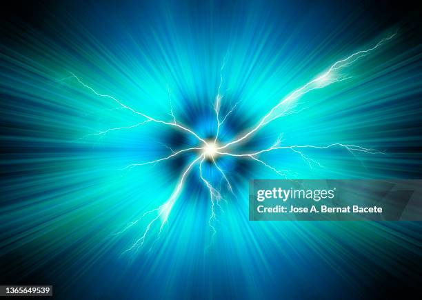 electric explosion background with lightning bolts and blue light trails. - electrical shock stockfoto's en -beelden