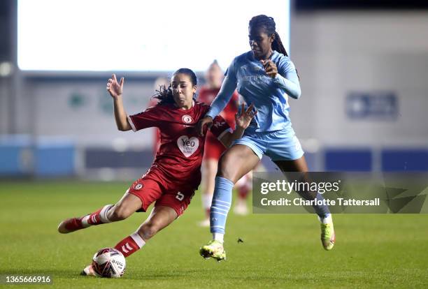 Khadija Shaw of Manchester City is challenged by Brooke Aspin of Bristol City during the FA Women's Continental Tyres League Cup Quarter Final match...