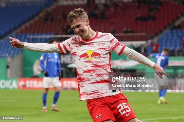Daniel Olmo Carvajal of Leipzig celebrates scoring the 2nd team goal during the DFB Cup round of sixteen match between RB Leipzig and Hansa Rostock...