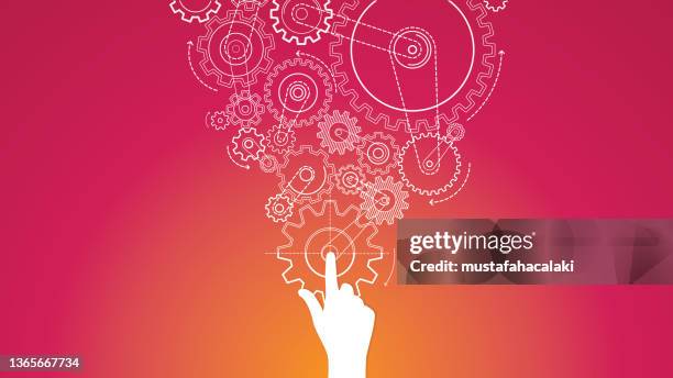 stockillustraties, clipart, cartoons en iconen met blue touching hand and turning gears modern background - gear mechanism