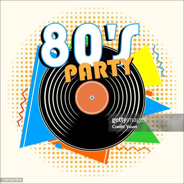 stockillustraties, clipart, cartoons en iconen met retro 80's music party and vintage vinyl records poster in retro design style. disco party 80's. - 1980