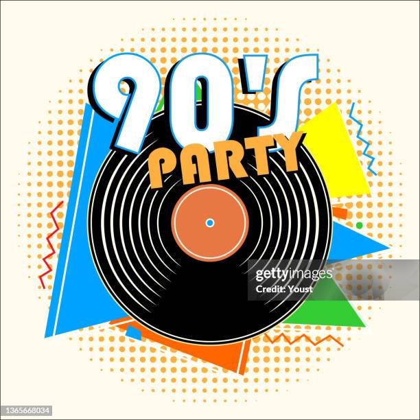 ilustrações, clipart, desenhos animados e ícones de retro 90's music party e vintage vinyl records poster in retro design style. disco party anos 90. - disco áudio analógico