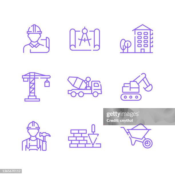 ilustraciones, imágenes clip art, dibujos animados e iconos de stock de conjunto de iconos de línea relacionados con la construcción y los edificios. colección de símbolos de contorno, trazo editable - mezclador-de-cemento