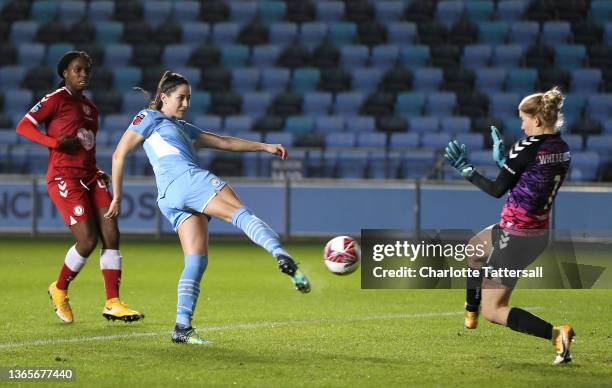 Vicky Losada of Manchester City scores their side's third goal past Sophie Whitehouse of Bristol City during the FA Women's Continental Tyres League...