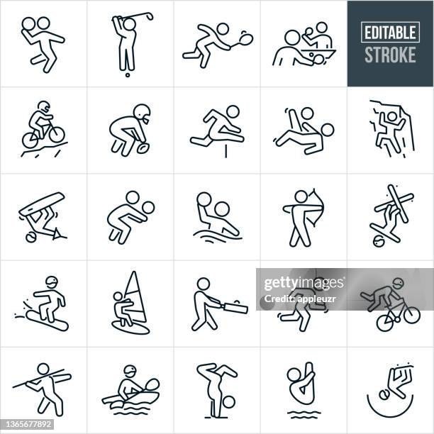 bildbanksillustrationer, clip art samt tecknat material och ikoner med sports thin line icons - editable stroke - playing cricket