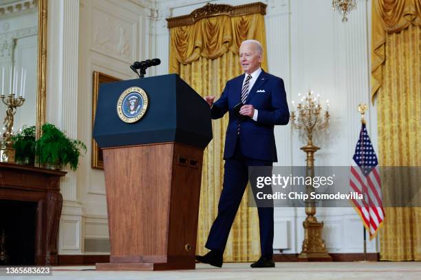 President Joe Biden arrives for a news conference in the East Room of the White House on January 19, 2022 in Washington, DC. With his approval rating...