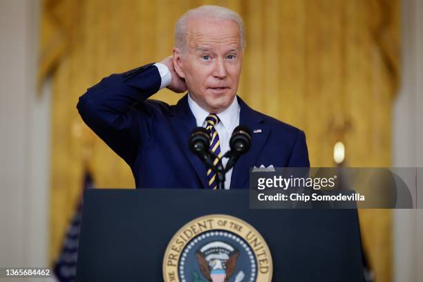 President Joe Biden delivers an opening statement during a news conference in the East Room of the White House on January 19, 2022 in Washington, DC....