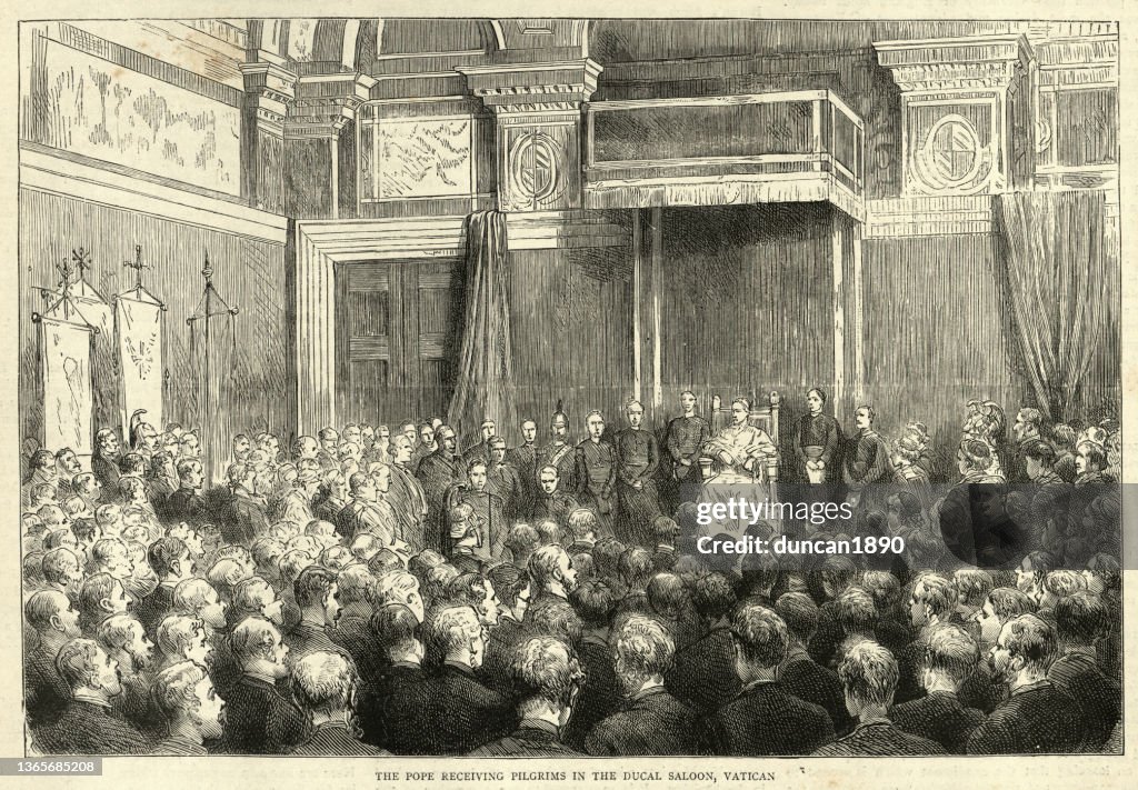 Papa Leone XIII riceve i pellegrini nel salone ducale, Vaticano, 1888, 19° secolo