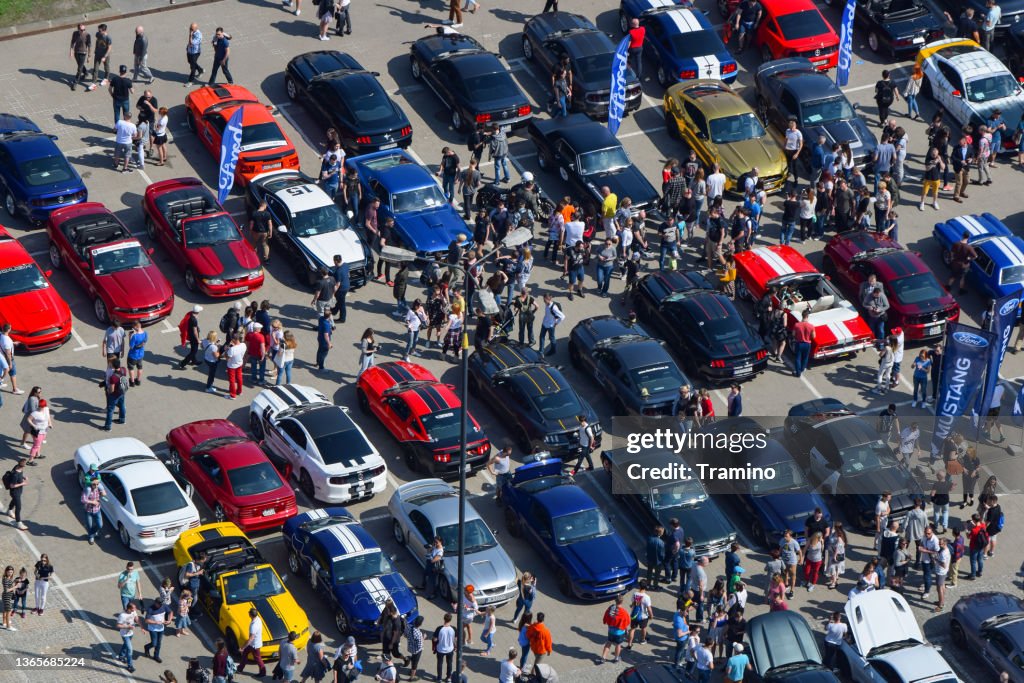Ford Mustang vehicles on a parking