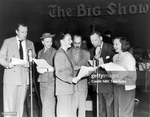 The all-star cast of the NBC radio variety programme 'The Big Show', 20th April 1952. Left to right: George Sanders , Peggy Lee , Portland Hoffa ,...