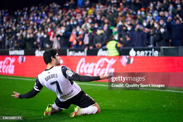 Gonzalo Guedes of Valencia CF celebrates his team's first goal during the La Liga Santander match between Valencia CF and Sevilla FC at Estadio...