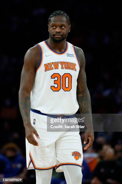 Julius Randle of the New York Knicks looks on during the second half against the Minnesota Timberwolves at Madison Square Garden on January 18, 2022...