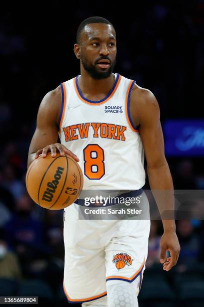 Kemba Walker of the New York Knicks dribbles during the second half against the Minnesota Timberwolves at Madison Square Garden on January 18, 2022...