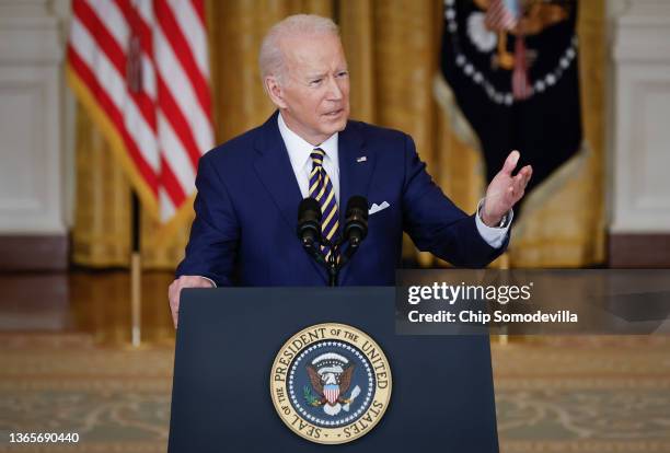 President Joe Biden answers questions during a news conference in the East Room of the White House on January 19, 2022 in Washington, DC. With his...