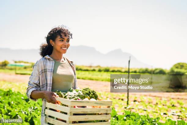 aufnahme einer jungen frau, die auf einem bauernhof eine kiste mit frischen produkten trägt - afrikanerin korb tragen stock-fotos und bilder