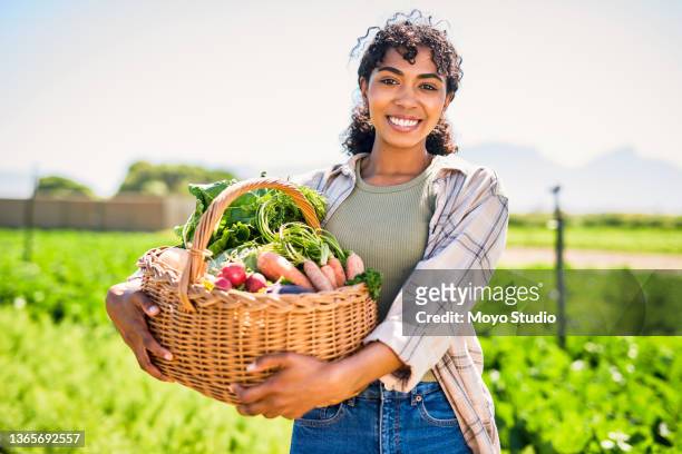 portrait of a young woman carrying a crate of fresh produce on a farm - harvest basket stockfoto's en -beelden