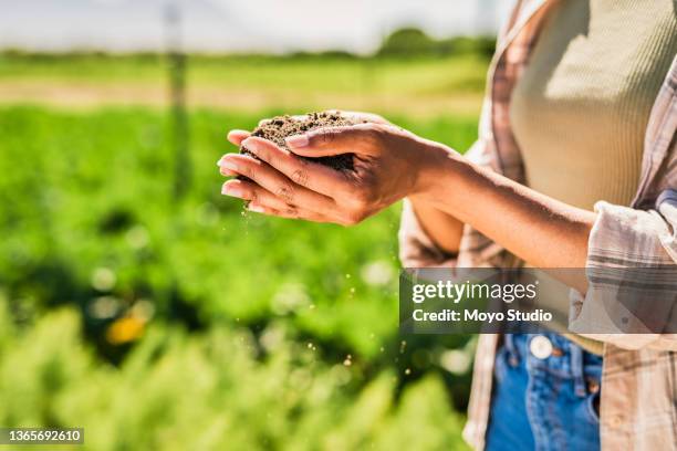 closeup shot of an unrecognisable woman holding soil in her hands on a farm - freshness guard stock pictures, royalty-free photos & images