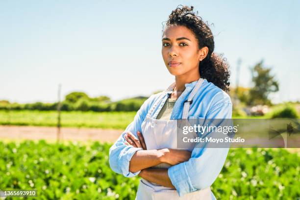 portrait of a young woman working on a farm - farmer confident serious stock pictures, royalty-free photos & images