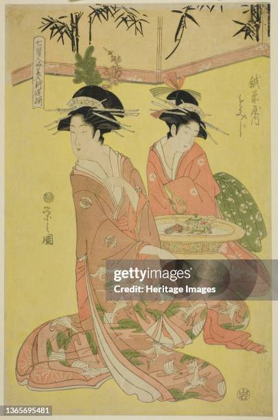 Beauties Parodying the Seven Sages - A Selection of Younger Courtesans : Momiji of the Echizenya, circa 1793. Artist Hosoda Eishi.