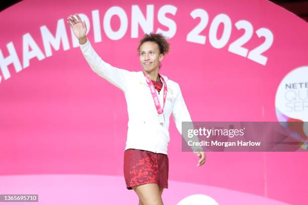 Serena Guthrie of Vitality Roses shows her appreciation to the fans after the 2022 Netball Quad Series match Final between Australia and Vitality...