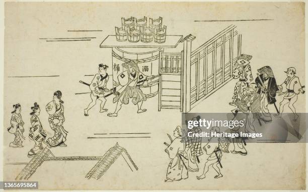 Entrance to Ageyacho, from the series "The Appearance of Yoshiwara ", circa 1681/84. Artist Hishikawa Moronobu.