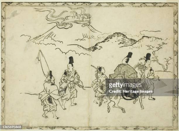 Narihira's Eastern Journey, from the illustrated book "Panorama of Paintings on Screens and Hanging Scrolls ", 1682. Artist Hishikawa Moronobu.