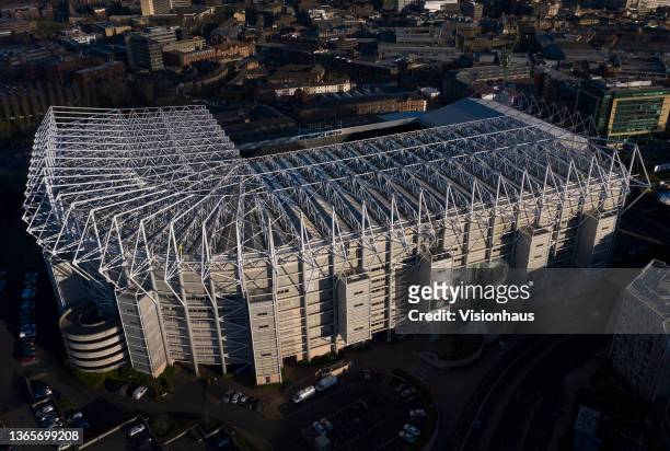 An aerial drone general view of the outside of St James' Park, home of Newcastle United FC, on January 19, 2022 in Newcastle Upon Tyne, England