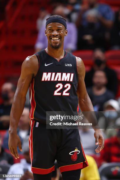 Jimmy Butler of the Miami Heat reacts against the Toronto Raptors during the first half at FTX Arena on January 17, 2022 in Miami, Florida. NOTE TO...