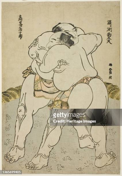 The Sumo Wrestlers Uzugafuchi Kandayu and Takasaki Ichijuro, Japan, 1783-84. Artist Hokusai.