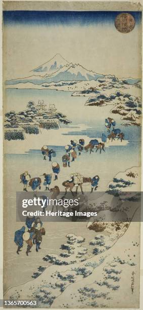 Crossing the Frozen Suwa Lake in Shinano Province , Japan, circa 1833/34. Artist Hokusai.