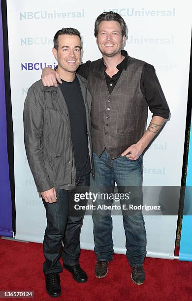 Host Carson Daly and musician Blake Shelton arrive to the NBC Universal 2012 Winter TCA Tour All-Star Party on January 6, 2012 in Pasadena,...