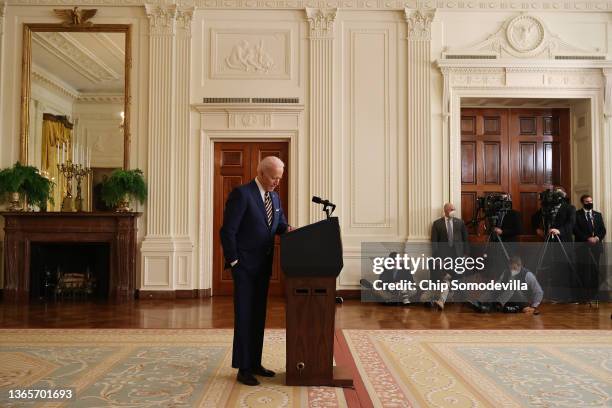 President Joe Biden talks to reporters during a news conference in the East Room of the White House on January 19, 2022 in Washington, DC. With his...