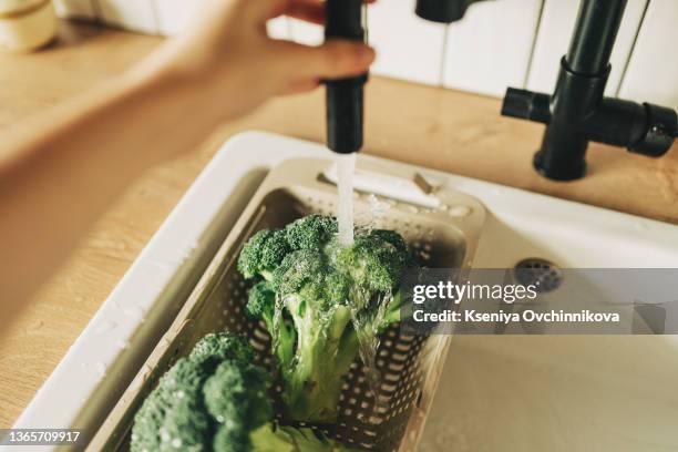 in the hands of broccoli washed under running water - food contamination stock pictures, royalty-free photos & images