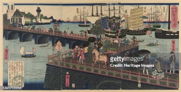 The Great Harbor in London, England , 1862. 'An imaginary view of the port of London. Crowds throng London Bridge with boats from France, China and...