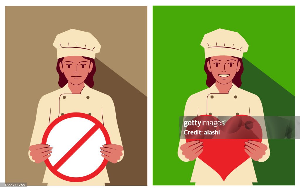 A young female chef holds a heart shape sign and a prohibitory sign