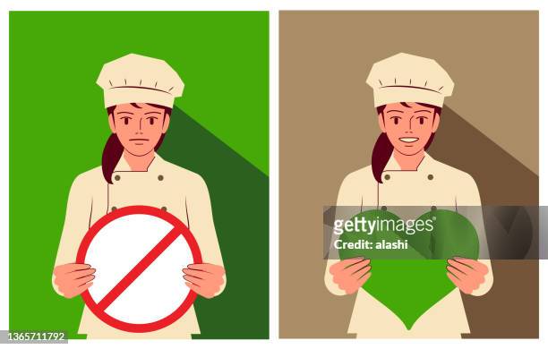 stockillustraties, clipart, cartoons en iconen met a young female chef holds a heart shape sign and a prohibitory sign - food safety