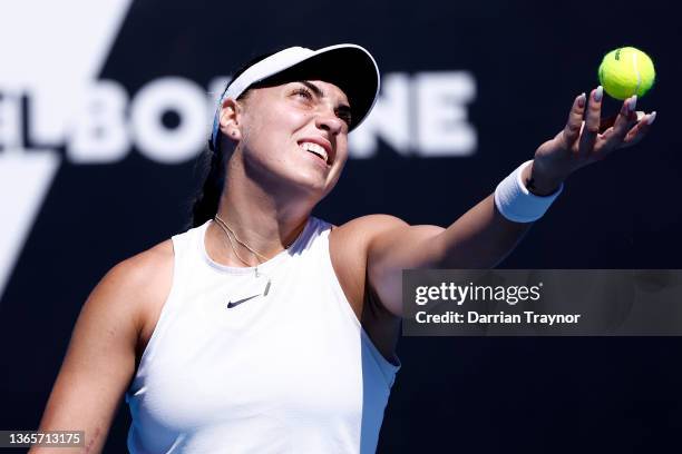 Ana Konjuh of Croatia serves in her second round singles match against Danielle Collins of United States during day four of the 2022 Australian Open...