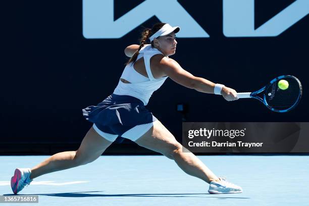 Ana Konjuh of Croatia plays a backhand in her second round singles match against Danielle Collins of United States during day four of the 2022...