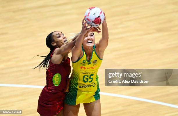 Gretel Bueta of Australia battles for possession with Layla Guscoth of Vitality Roses during the 2022 Netball Quad Series match between Vitality...