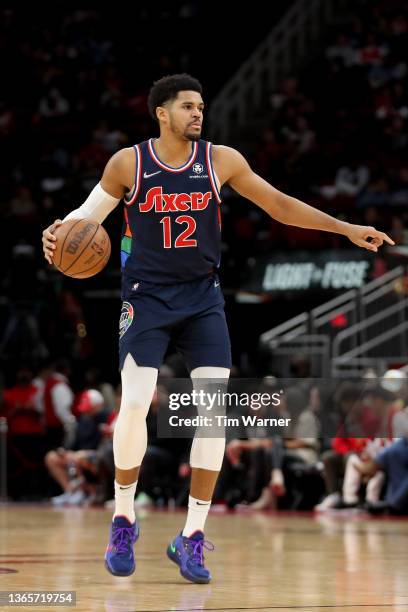 Tobias Harris of the Philadelphia 76ers controls the ball in the second half against the Houston Rockets at Toyota Center on January 10, 2022 in...