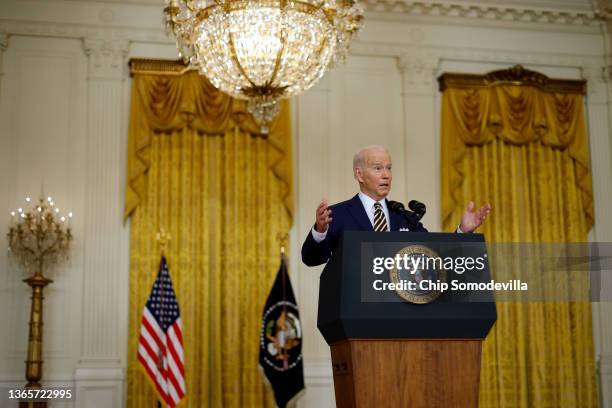 President Joe Biden talks to reporters during a news conference in the East Room of the White House on January 19, 2022 in Washington, DC. With his...