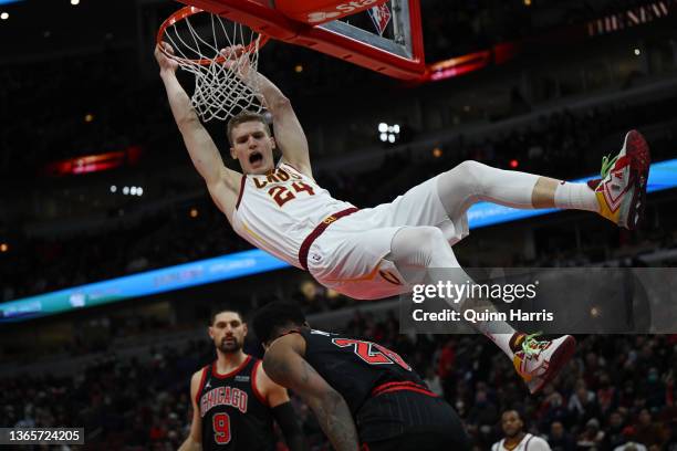 Lauri Markkanen of the Cleveland Cavaliers reacts after dunking against Alfonzo McKinnie of the Chicago Bulls in the first quarter at United Center...