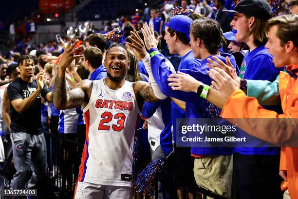 Brandon McKissic of the Florida Gators celebrates with fans after defeating the Mississippi State Bulldogs in a game at the Stephen C. O'Connell...