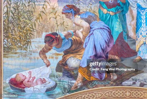 fresco painting depicting the finding of moses, dakovo cathedral (cathedral of st. peter), dakovo, croatia - moses fotografías e imágenes de stock