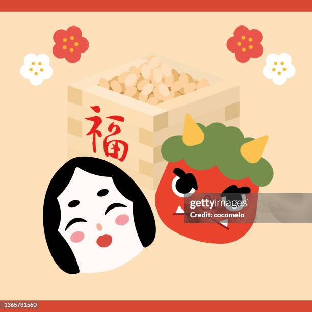 ilustraciones, imágenes clip art, dibujos animados e iconos de stock de cultura tradicional japonesa, setsubun. ogro rojo y okame, caja cuadrada de madera con frijoles. - ogre fictional character